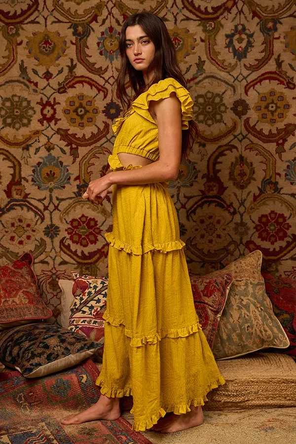 Mustard Cut Out Flutter Maxi Dress