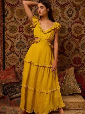 Mustard Cut Out Flutter Maxi Dress