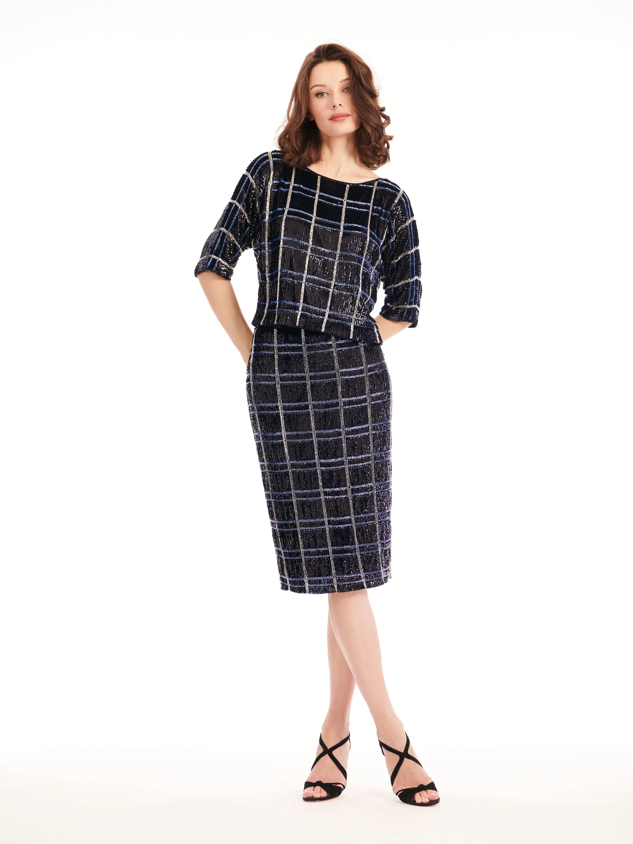 NAVY MULTI PLAID SEQUIN AND BEADED MIDI SKIRT