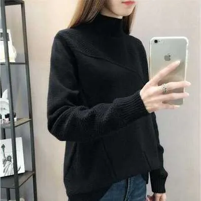 New 2019 Loose Warm Autumn Winter Pullover Sweater Women Jumper Half Turtleneck Long Sleeve Knit Purple Sweater Female NS4380