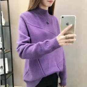 New 2019 Loose Warm Autumn Winter Pullover Sweater Women Jumper Half Turtleneck Long Sleeve Knit Purple Sweater Female NS4380