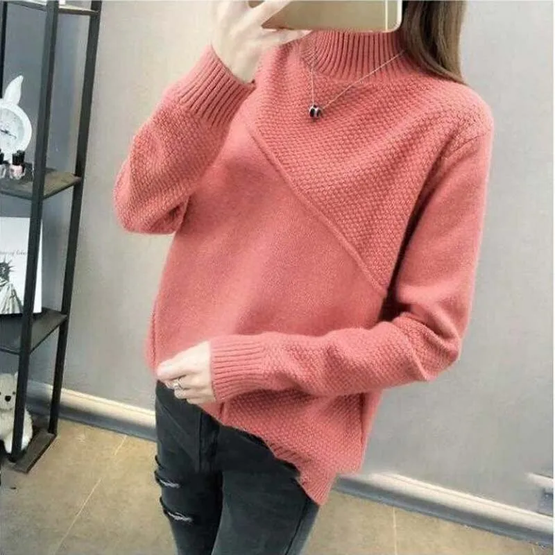 New 2019 Loose Warm Autumn Winter Pullover Sweater Women Jumper Half Turtleneck Long Sleeve Knit Purple Sweater Female NS4380