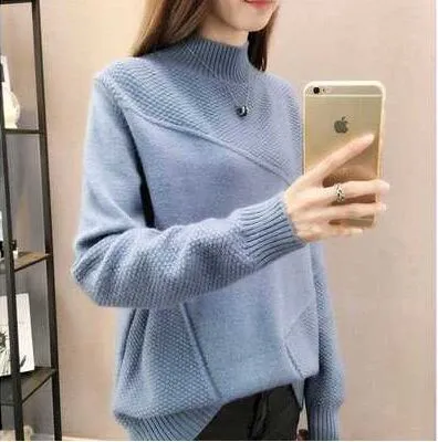 New 2019 Loose Warm Autumn Winter Pullover Sweater Women Jumper Half Turtleneck Long Sleeve Knit Purple Sweater Female NS4380