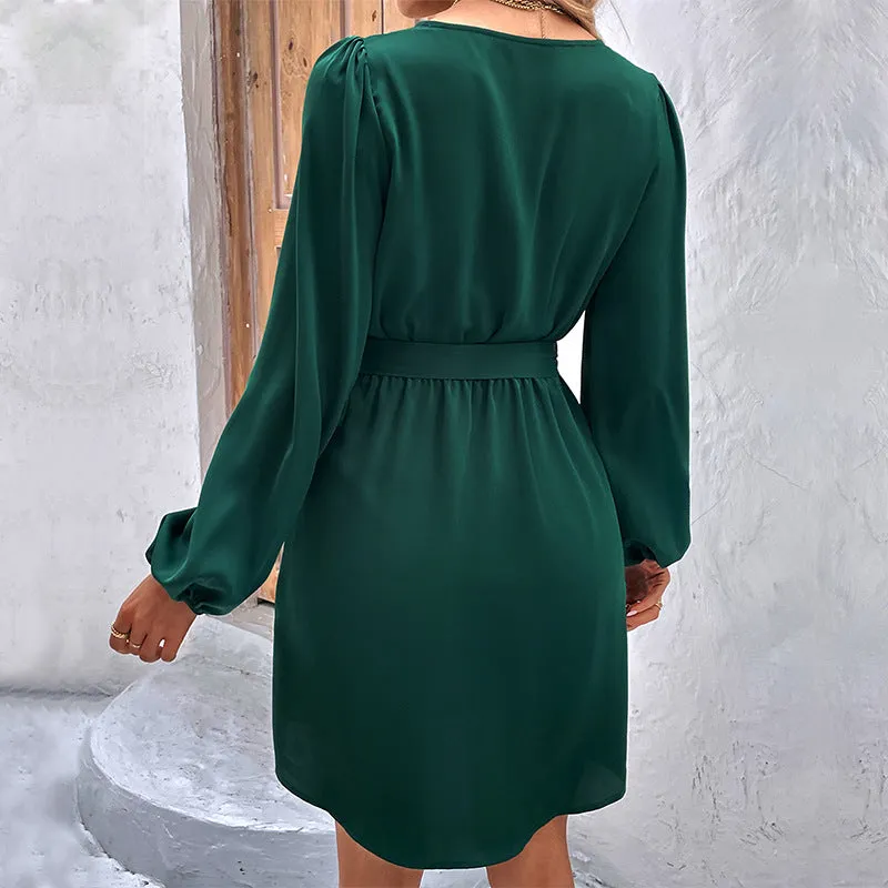 New Solid Color Long Sleeve V-Neck Belted Dress