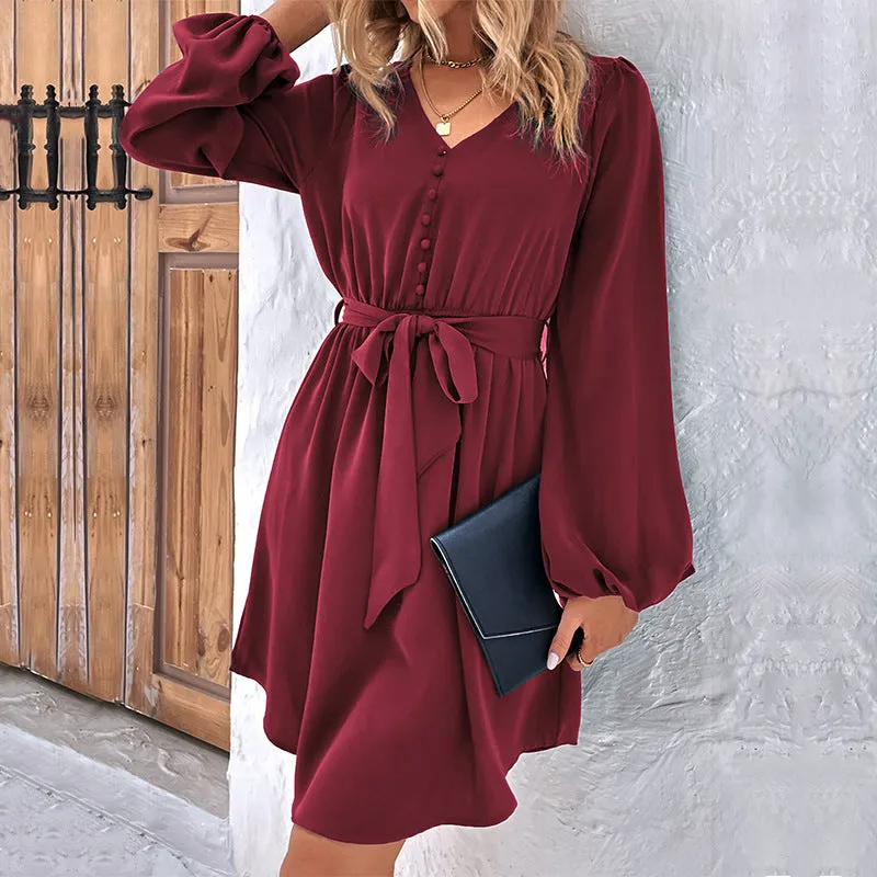 New Solid Color Long Sleeve V-Neck Belted Dress