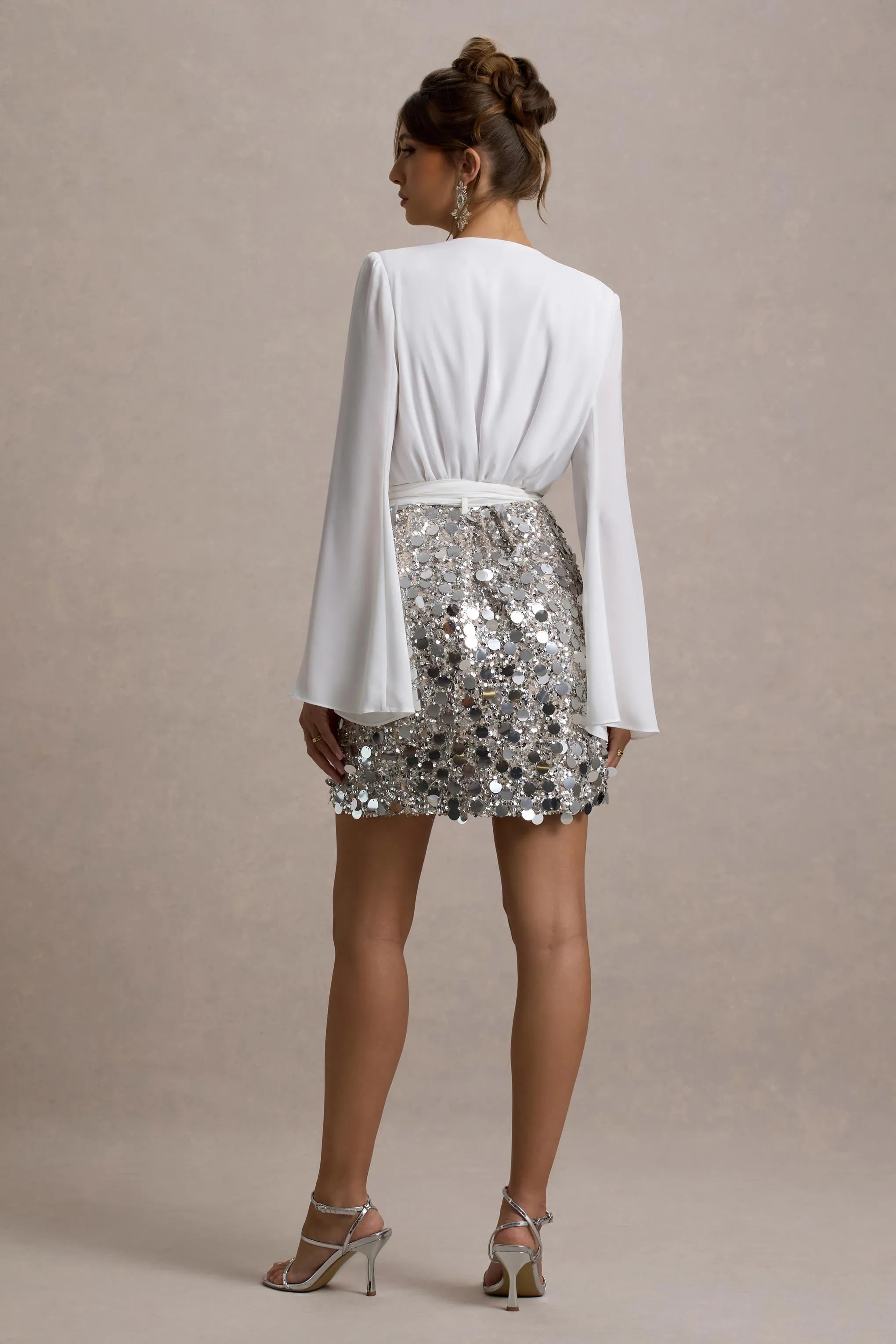 Norah | White Chiffon Plunge-Neck Wrap Mini Dress With Sequin Skirt