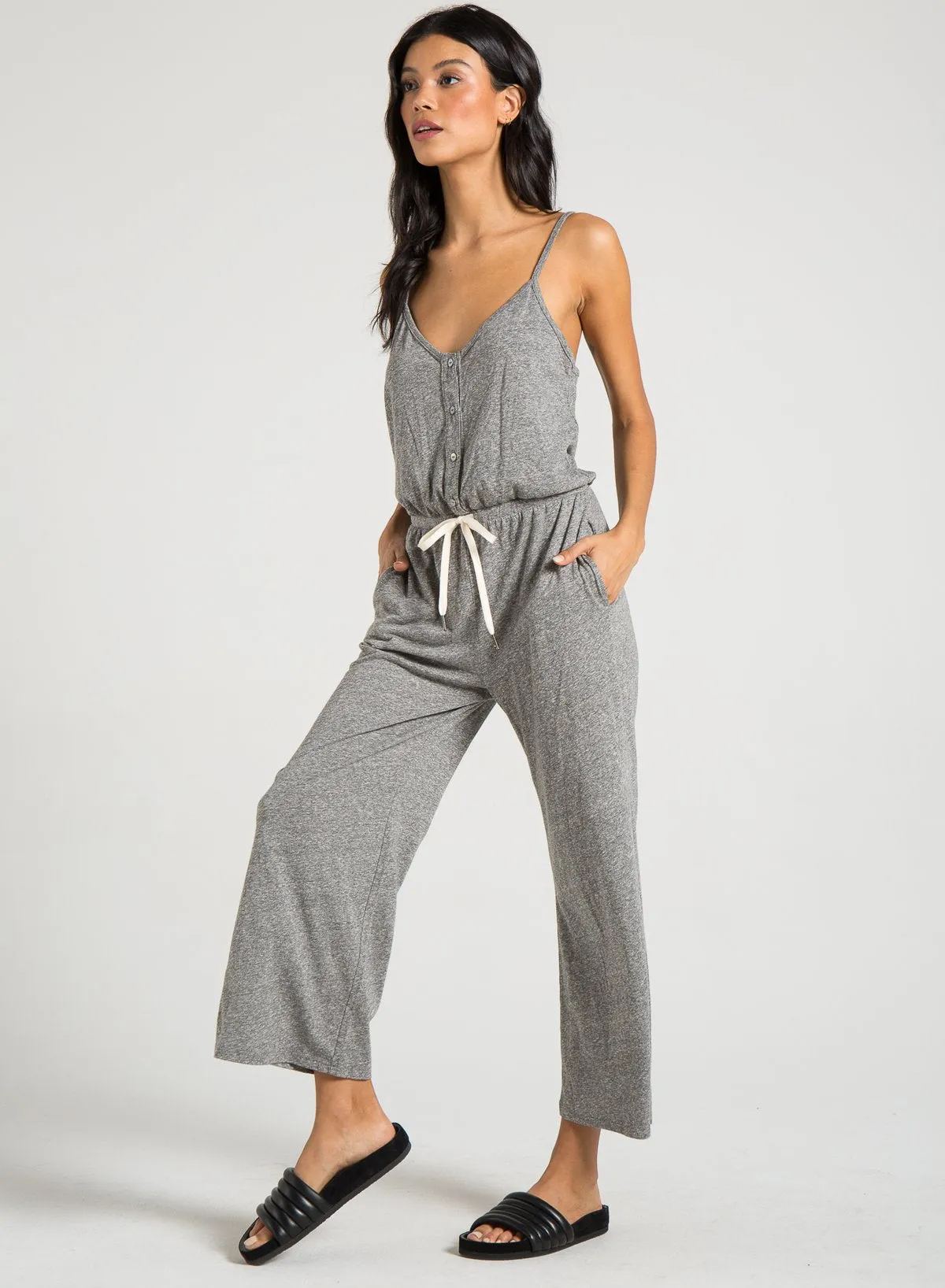 n:PHILANTHROPY - Selvedge Jumpsuit shown in heather grey comes in Moonlight