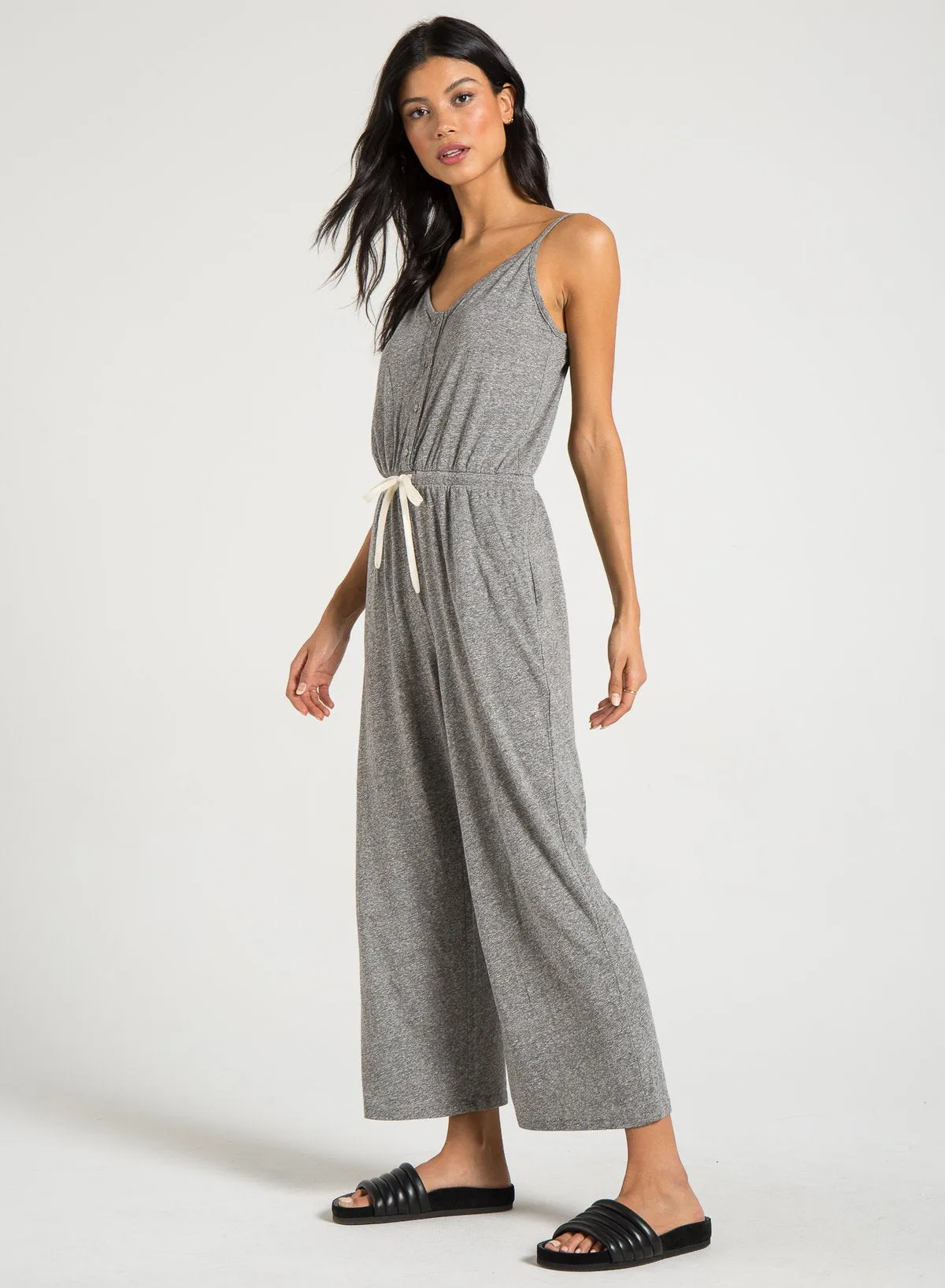 n:PHILANTHROPY - Selvedge Jumpsuit shown in heather grey comes in Moonlight