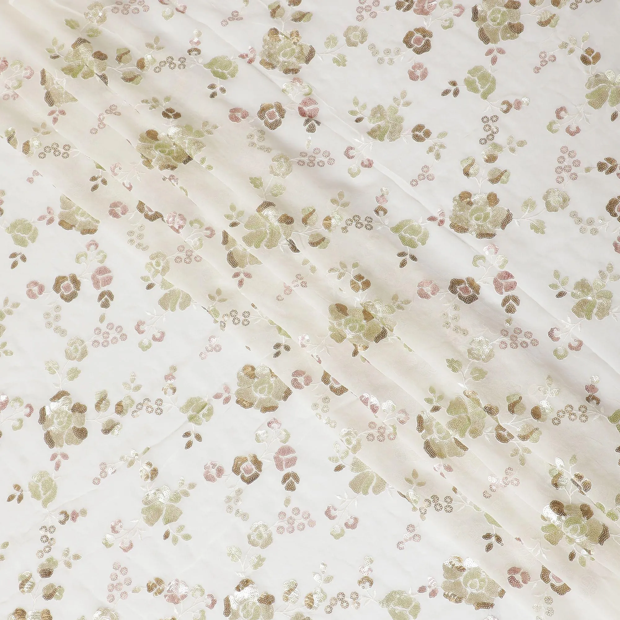 Off white premium pure silk chiffon fabric with same tone, sequins embroidery in floral design-D13677