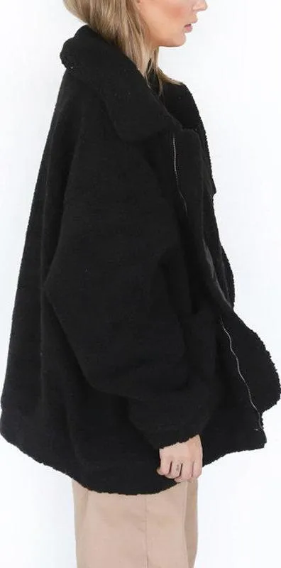 Oversized Teddy Bear Zipup Jacket - Black