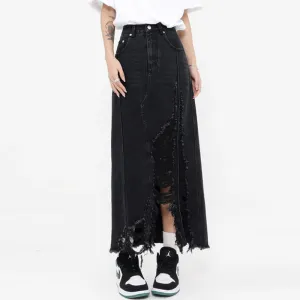 Patchwork Raw Hem Casual A Line Denim Skirs For Women High Waist Spliced Button Streetwear Skirt Female Fashion