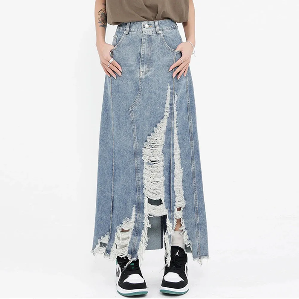 Patchwork Raw Hem Casual A Line Denim Skirs For Women High Waist Spliced Button Streetwear Skirt Female Fashion