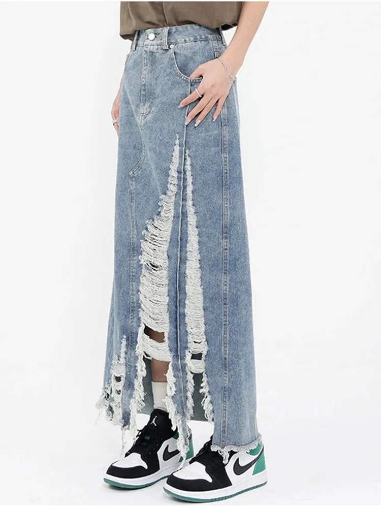 Patchwork Raw Hem Casual A Line Denim Skirs For Women High Waist Spliced Button Streetwear Skirt Female Fashion