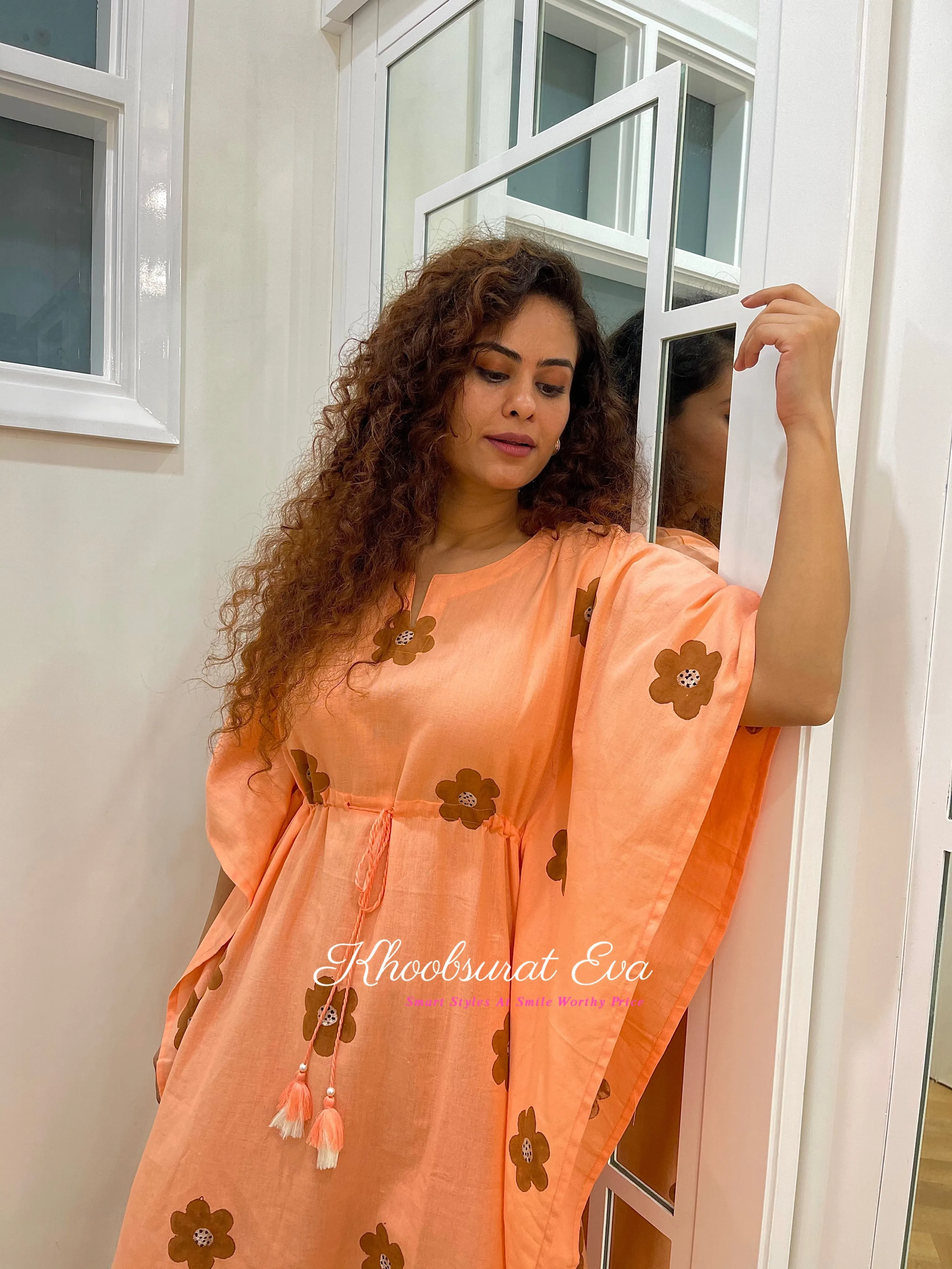 Peach Hand Painted Cotton Kaftan