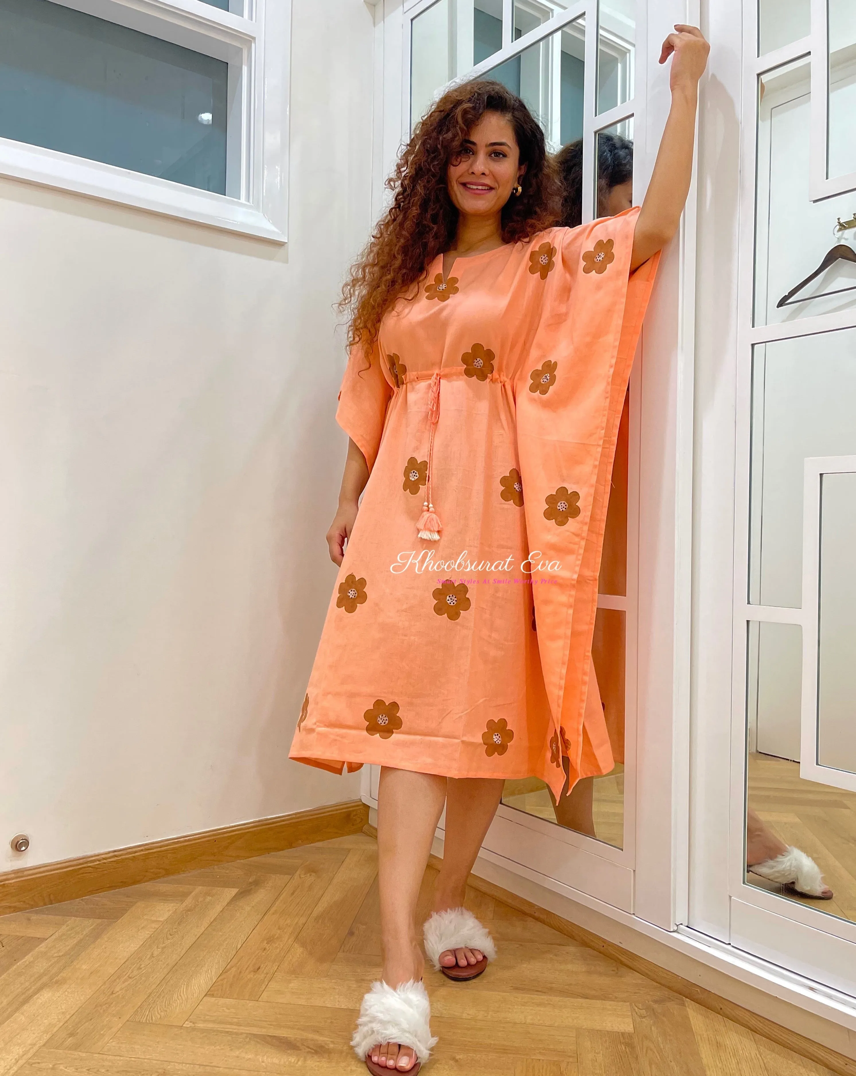 Peach Hand Painted Cotton Kaftan