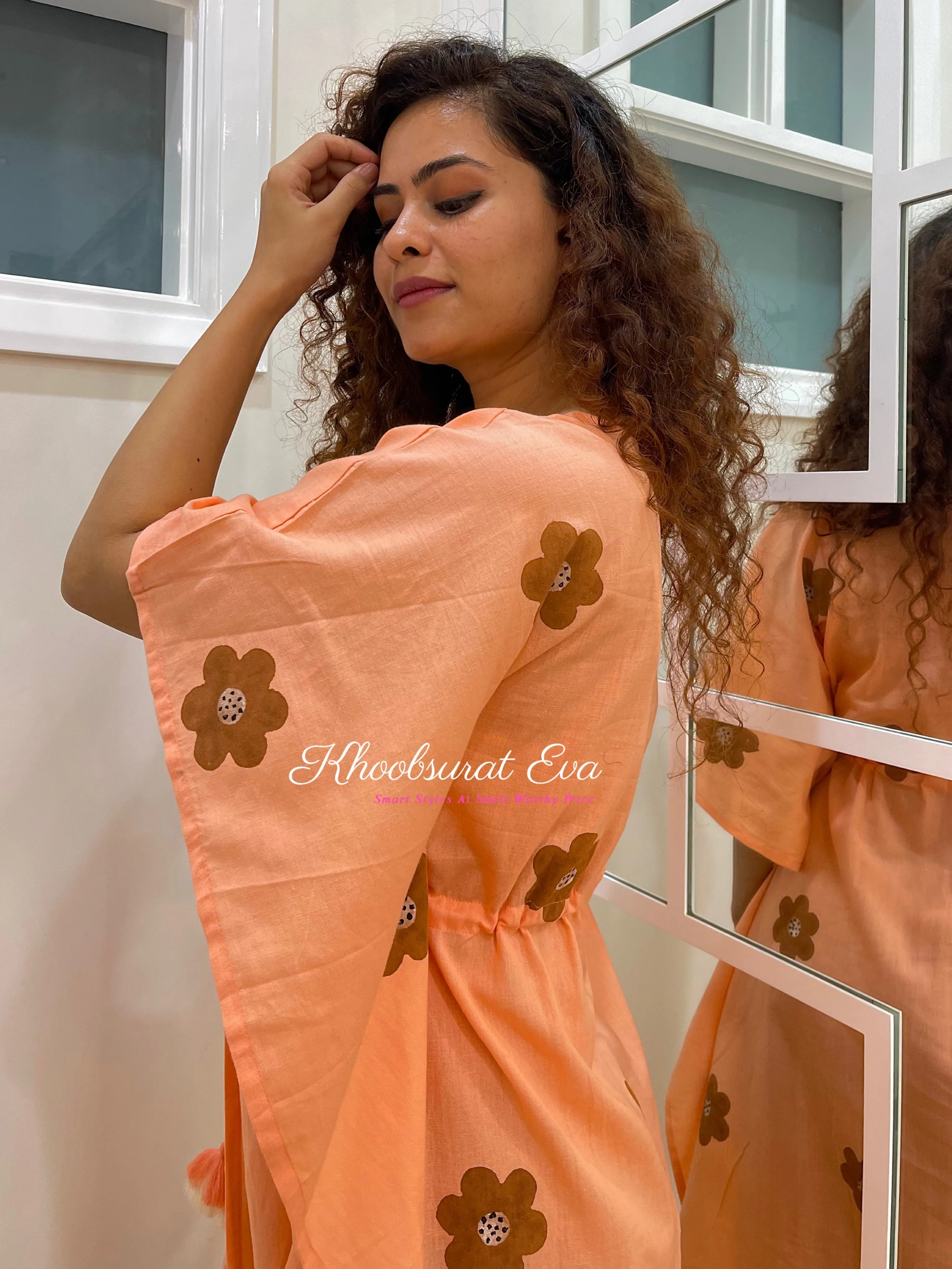 Peach Hand Painted Cotton Kaftan