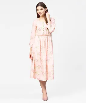 Peach Printed 3/4Th Sleeve Cotton A-Line Dress