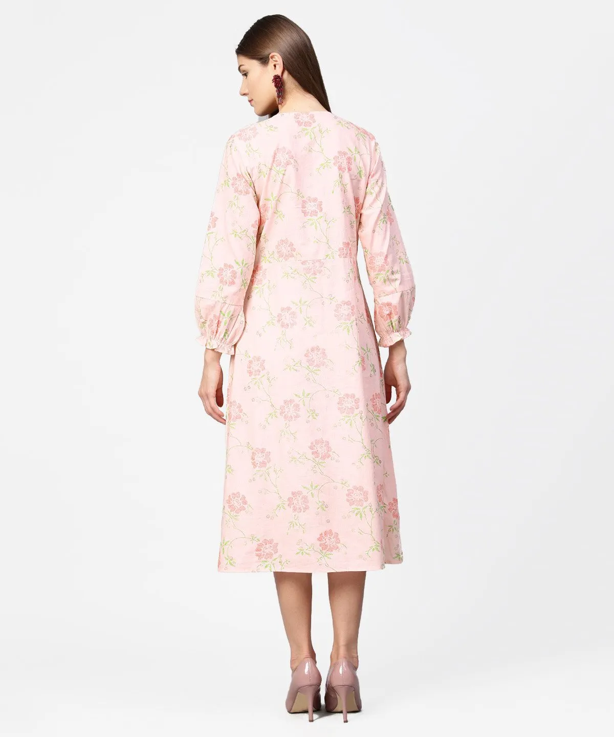 Peach Printed 3/4Th Sleeve Cotton A-Line Dress