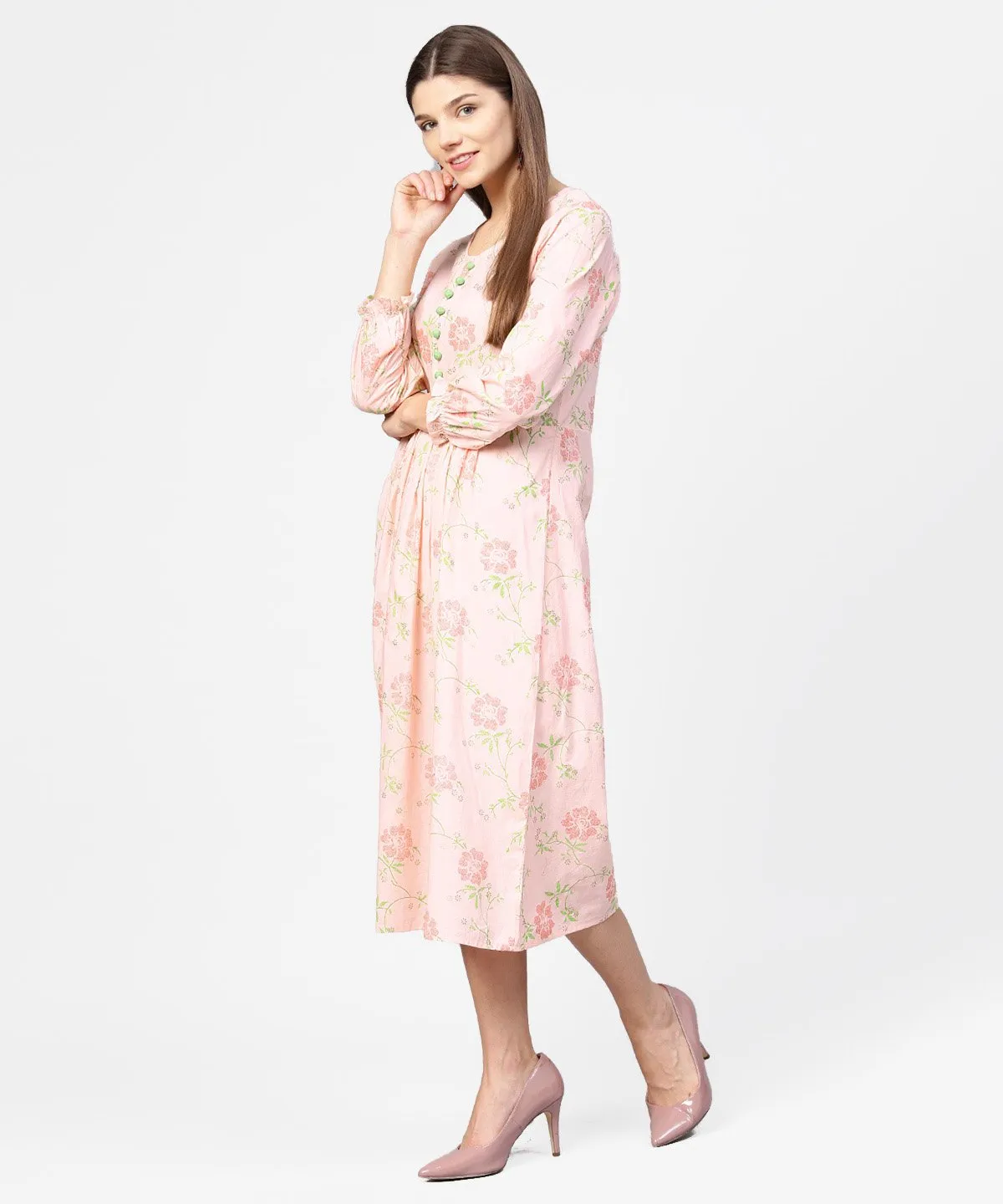 Peach Printed 3/4Th Sleeve Cotton A-Line Dress