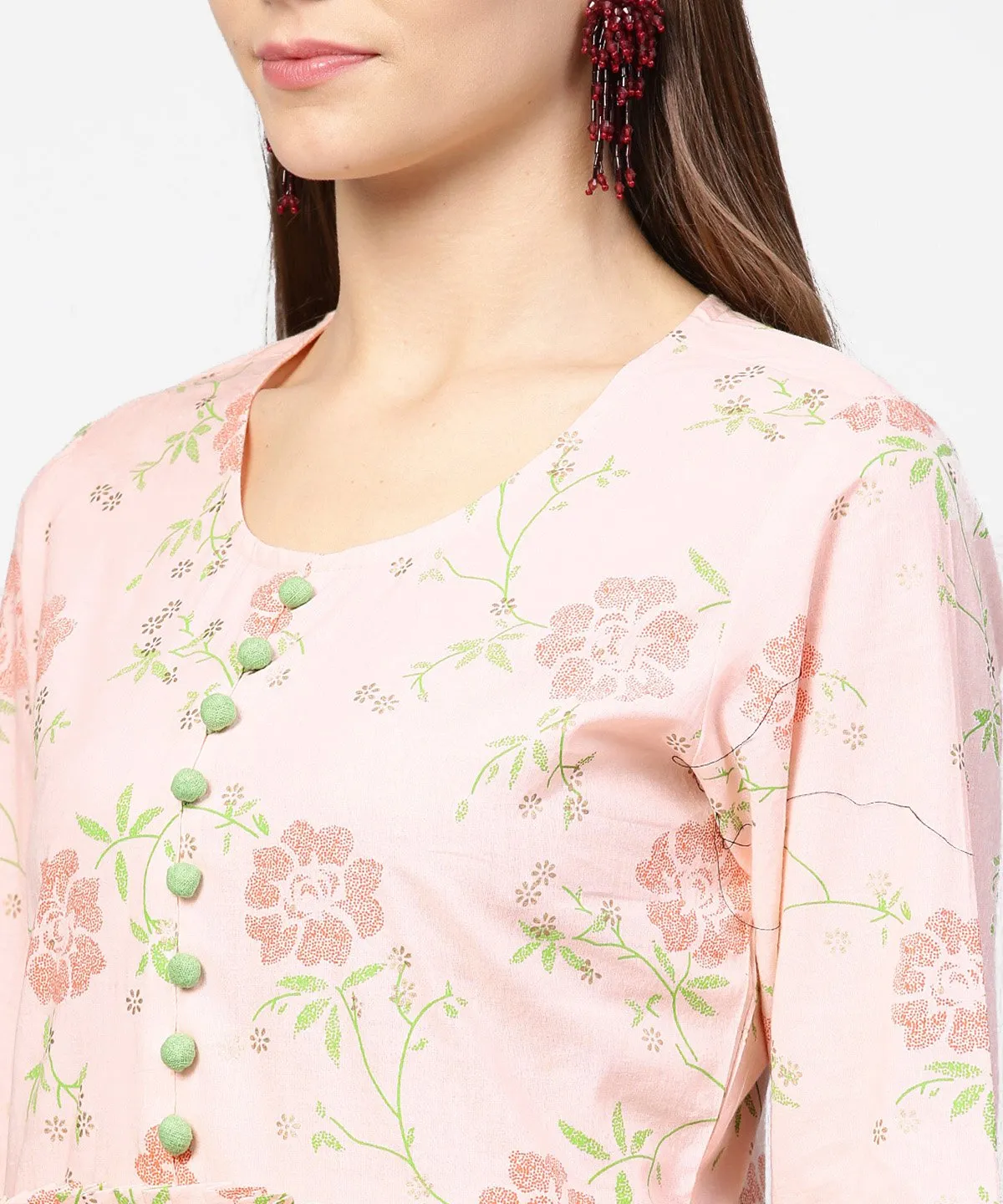 Peach Printed 3/4Th Sleeve Cotton A-Line Dress