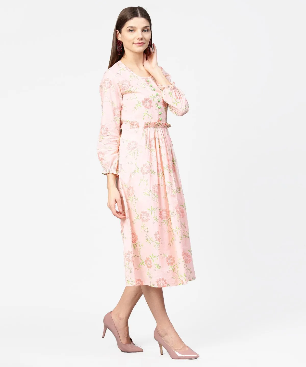 Peach Printed 3/4Th Sleeve Cotton A-Line Dress