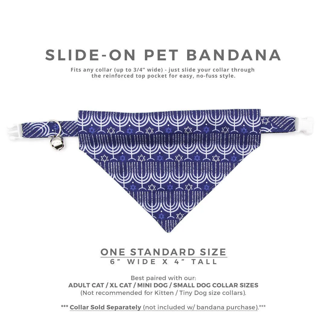 Pet Bandana - "Happy Hanukkah" - Blue & Silver Menorah Bandana for Cat   Small Dog / Slide-on Bandana / Over-the-Collar (One Size)