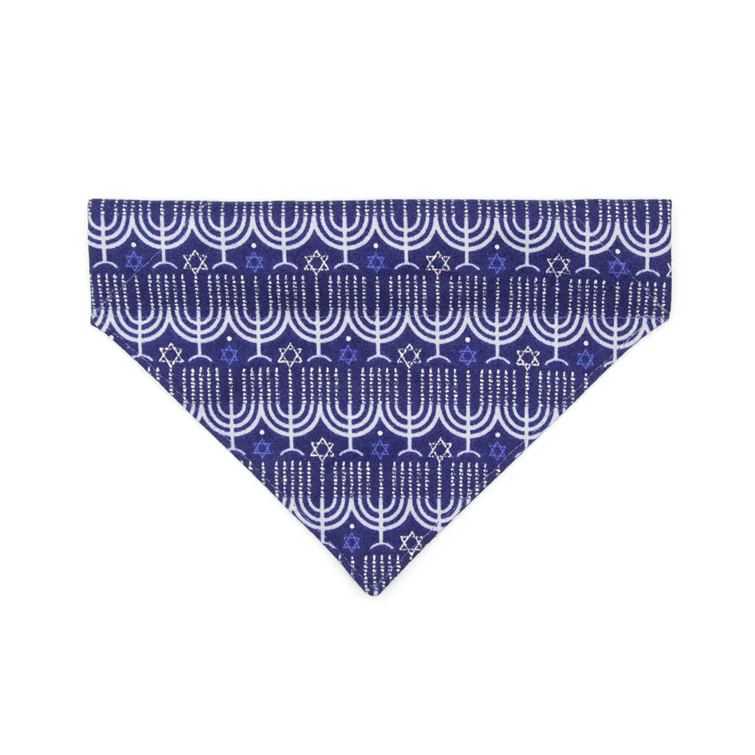 Pet Bandana - "Happy Hanukkah" - Blue & Silver Menorah Bandana for Cat   Small Dog / Slide-on Bandana / Over-the-Collar (One Size)