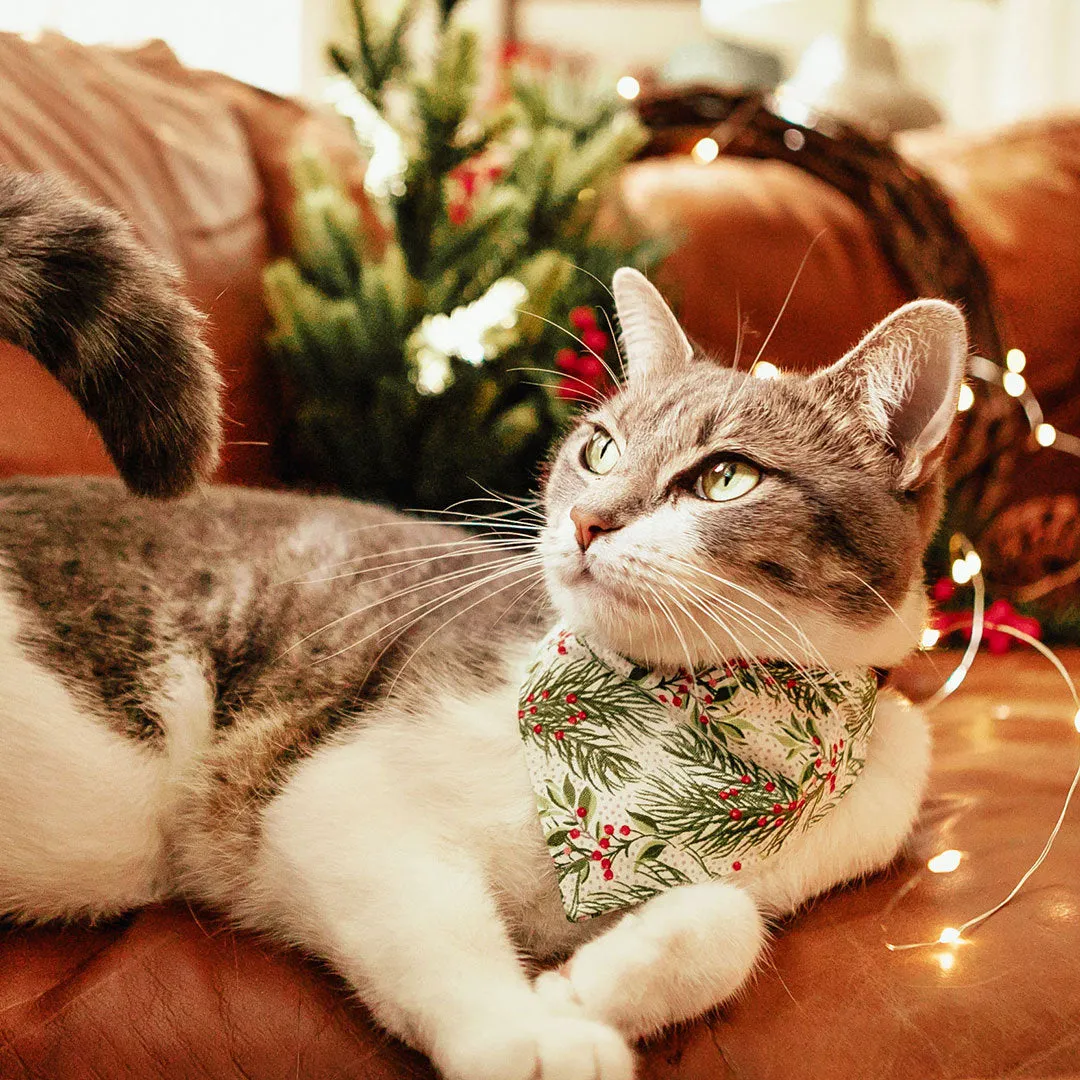 Pet Bandana - "Pine & Berries" - Christmas Berry Garland Bandana for Cat   Small Dog / Holiday / Slide-on Bandana / Over-the-Collar (One Size)