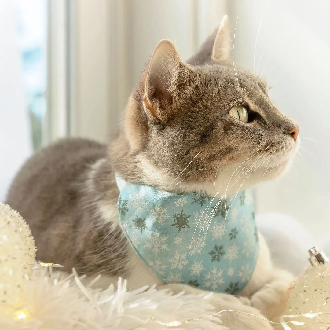 Pet Bandana - "Snowflakes - Frosty Blue" - Light Blue, Gray & White Snowflake Bandana for Cat   Small Dog / Christmas, Winter, Solstice / Slide-on Bandana / Over-the-Collar (One Size)