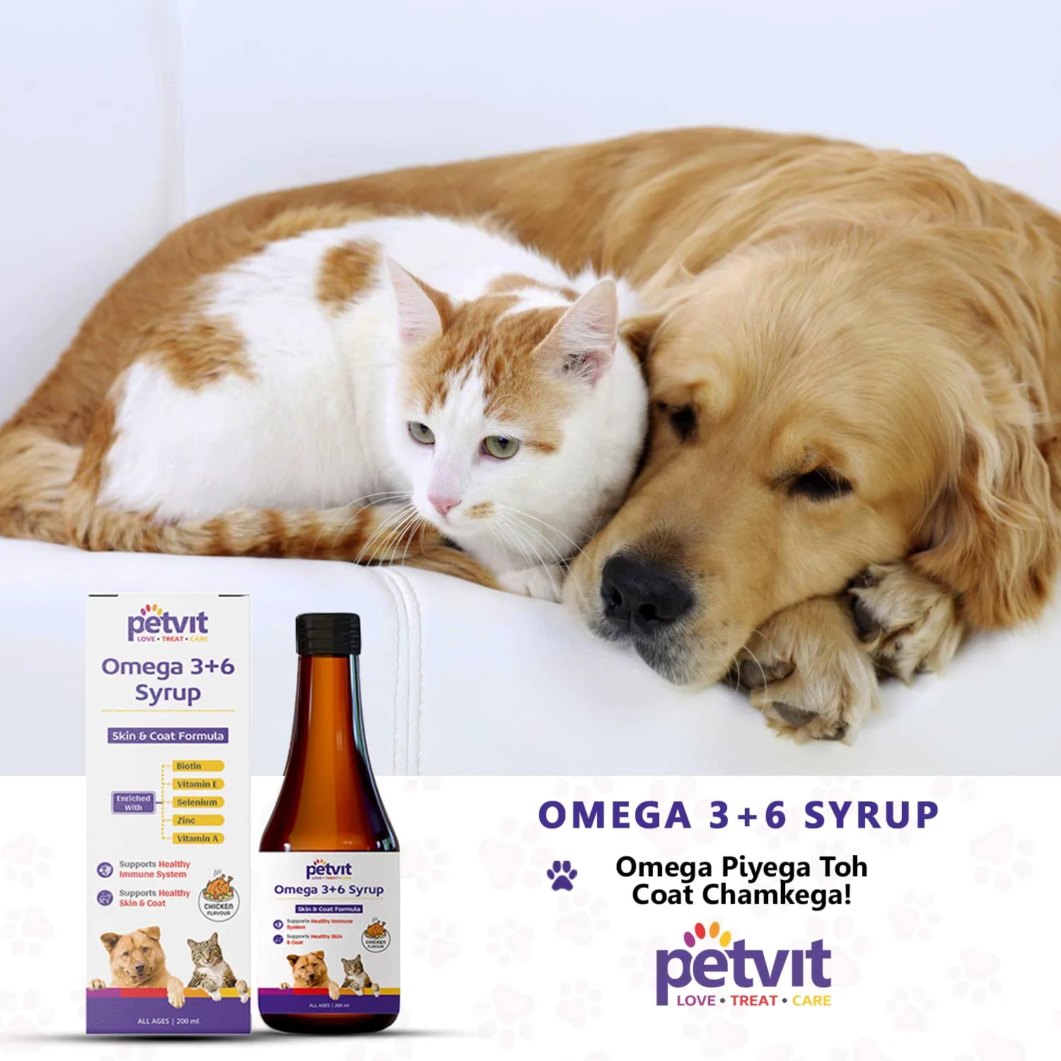 Petvit Omega 3   6 Syrup with Vitamin A, Vitamin E, Biotin - Supports Healthy Skin & Coat - Chicken Flavour - 200ml