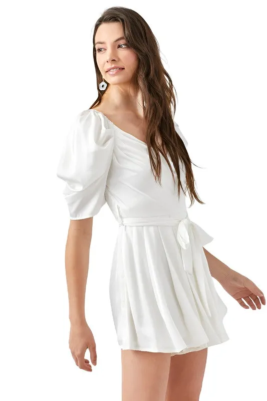 Pleated Puff Sleeve Over wrap Romper