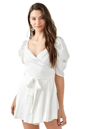 Pleated Puff Sleeve Over wrap Romper