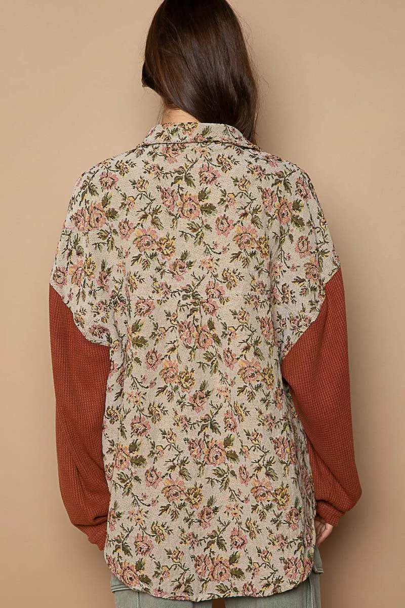 POL Button Down Floral Jacquard Shirt in Sand/Brick