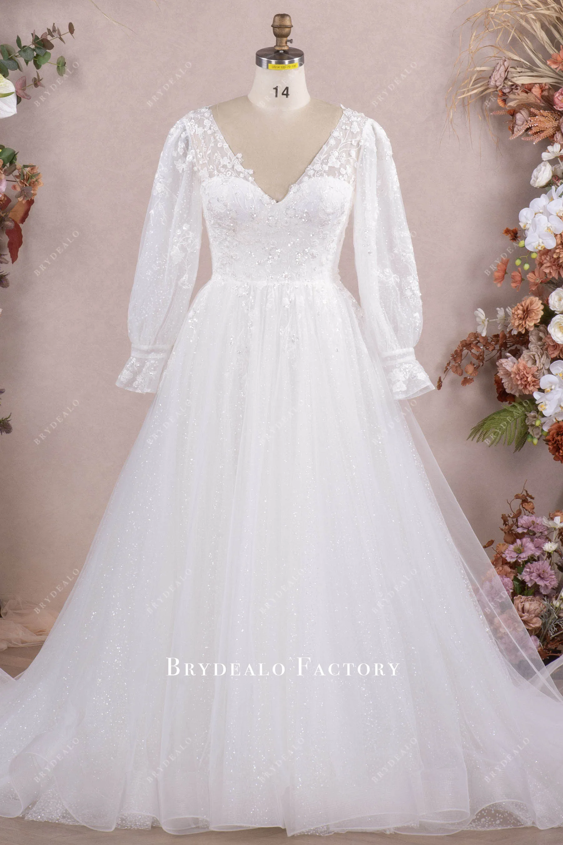 Pretty Glitter Lace V-neck A-line Horsehair Chapel Train Bridal Gown