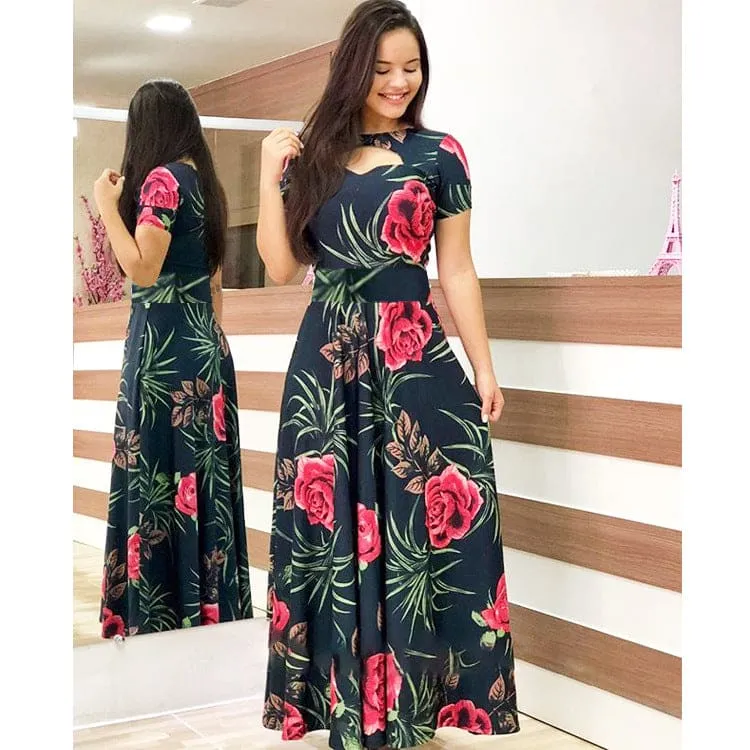 Print Pattern Hollow Out Sweetheart Collar Boho Maxi Long Dress