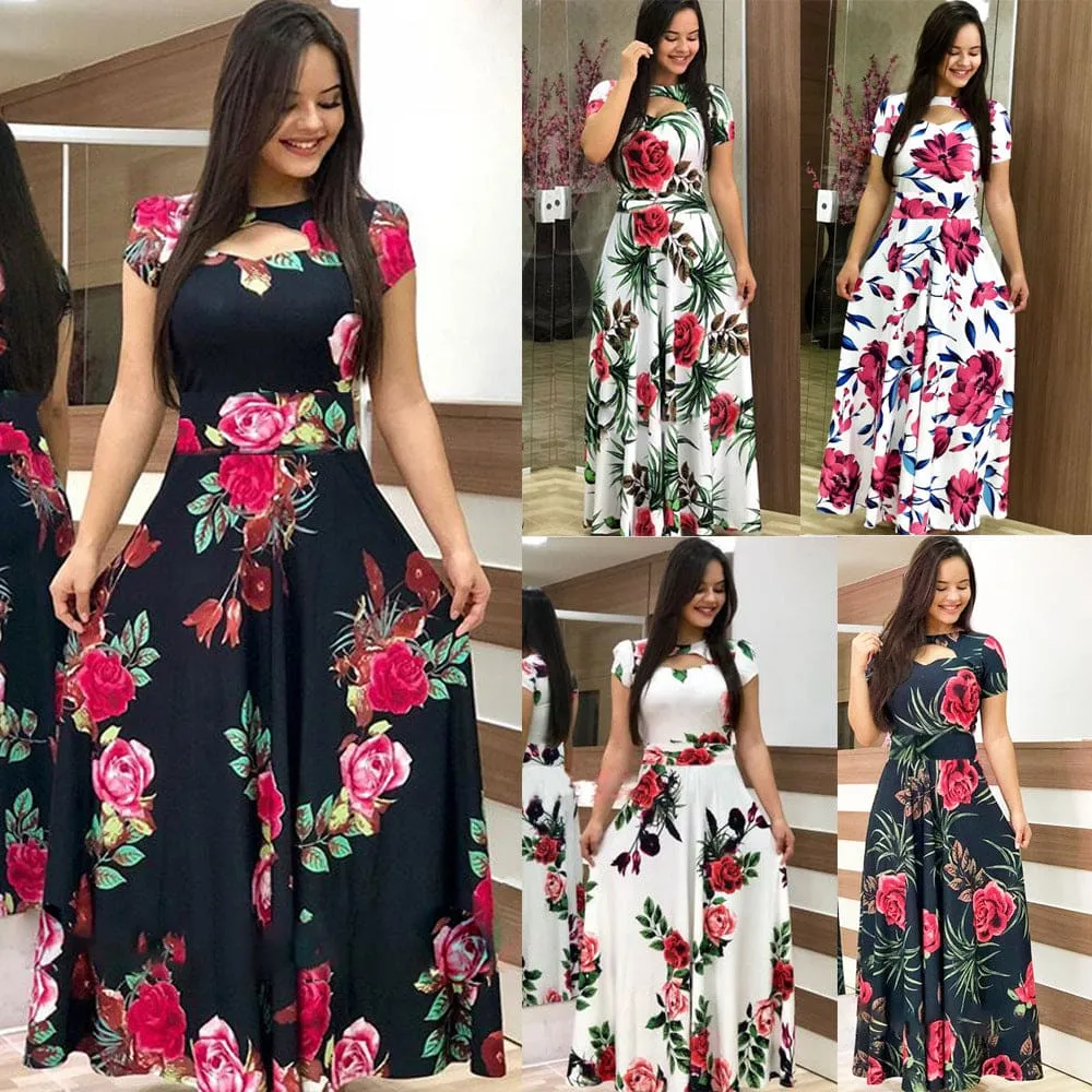 Print Pattern Hollow Out Sweetheart Collar Boho Maxi Long Dress