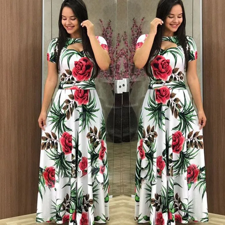 Print Pattern Hollow Out Sweetheart Collar Boho Maxi Long Dress