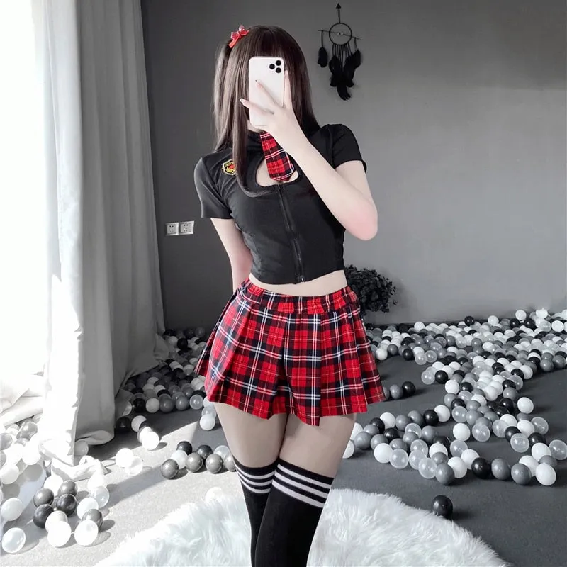 Purpdrank - Tartan Patchwork Japanese Schoolgirl Cosplay Uniform Set Sexy JK Embroidery Pleated Role Playing Costume With Plaid Skirt Socks