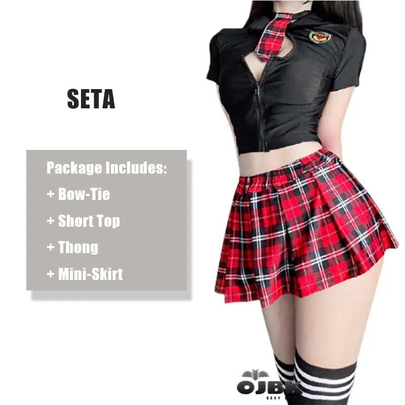 Purpdrank - Tartan Patchwork Japanese Schoolgirl Cosplay Uniform Set Sexy JK Embroidery Pleated Role Playing Costume With Plaid Skirt Socks