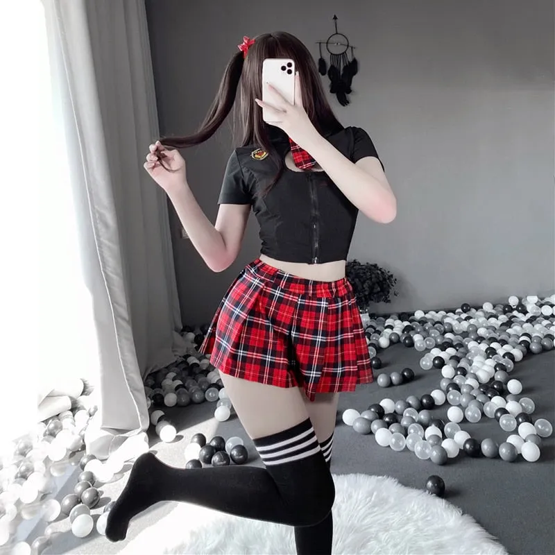 Purpdrank - Tartan Patchwork Japanese Schoolgirl Cosplay Uniform Set Sexy JK Embroidery Pleated Role Playing Costume With Plaid Skirt Socks