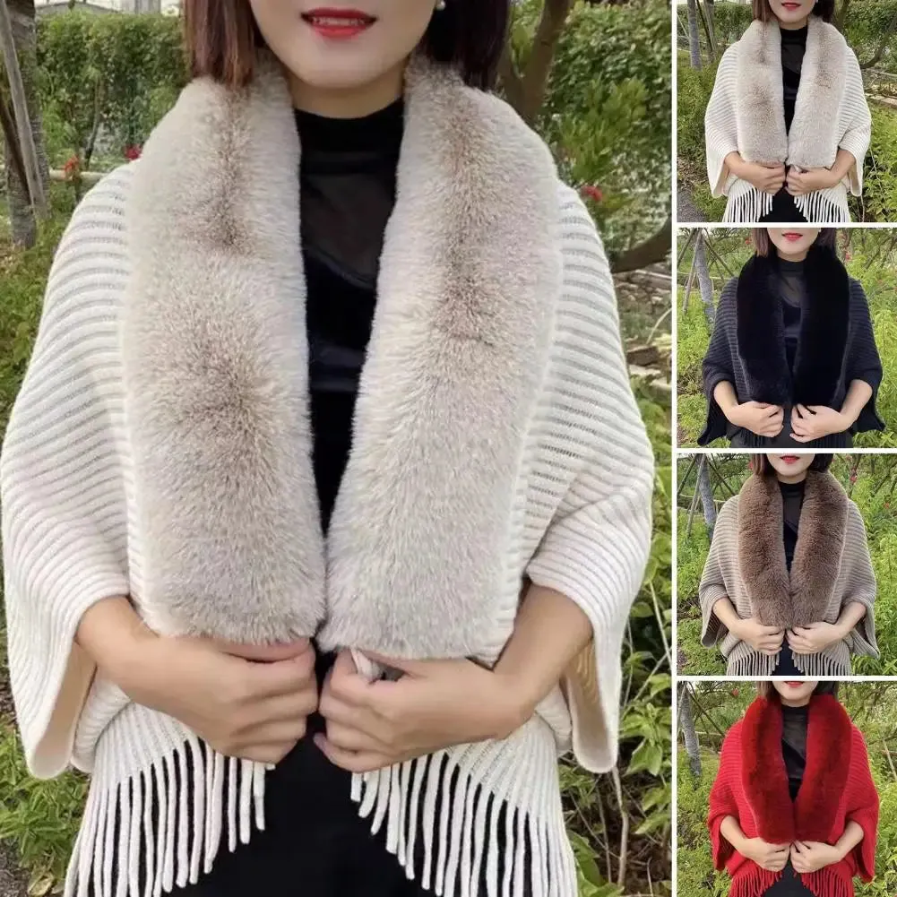 Purpdrank Women Winter Shawl Imitation Rabbit Fur Collar Sweater Solid Color Cardigan Knitted Wool Shawl Sweater Top Elegant Banquet Shawl