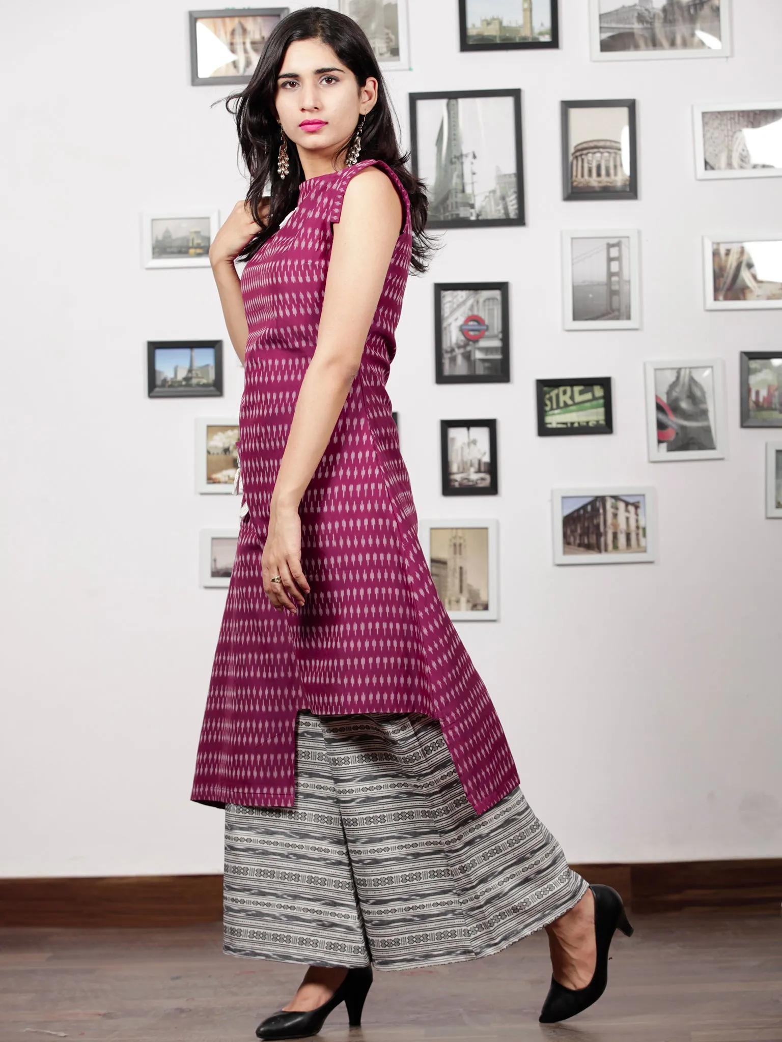 Purple Ivory White Handloom Mercerised Ikat Kurta & Culottes Dress With Embroidered Details (Set of 2) - D292F1562