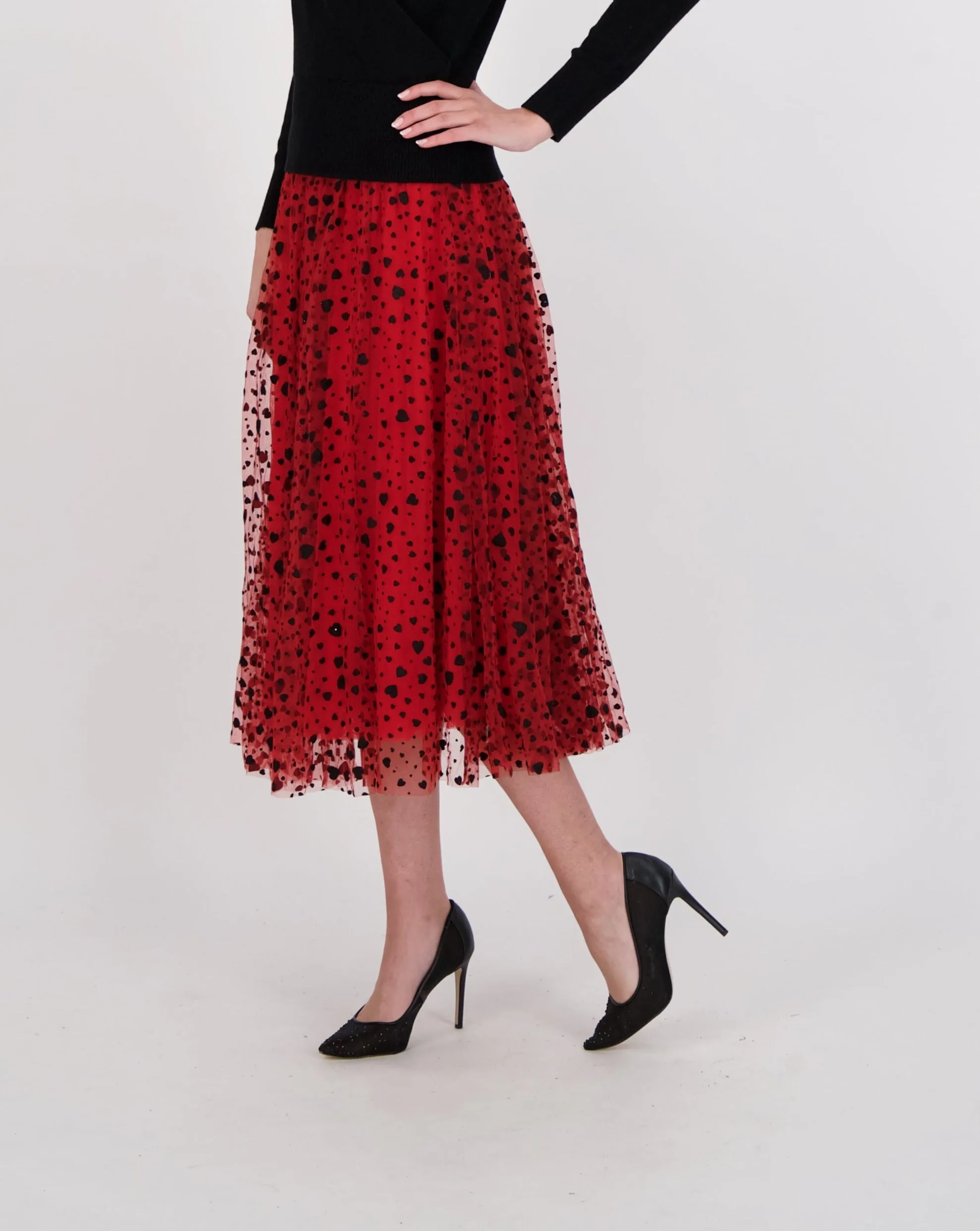 Queen Of Hearts Layered Mesh Midi Skirt