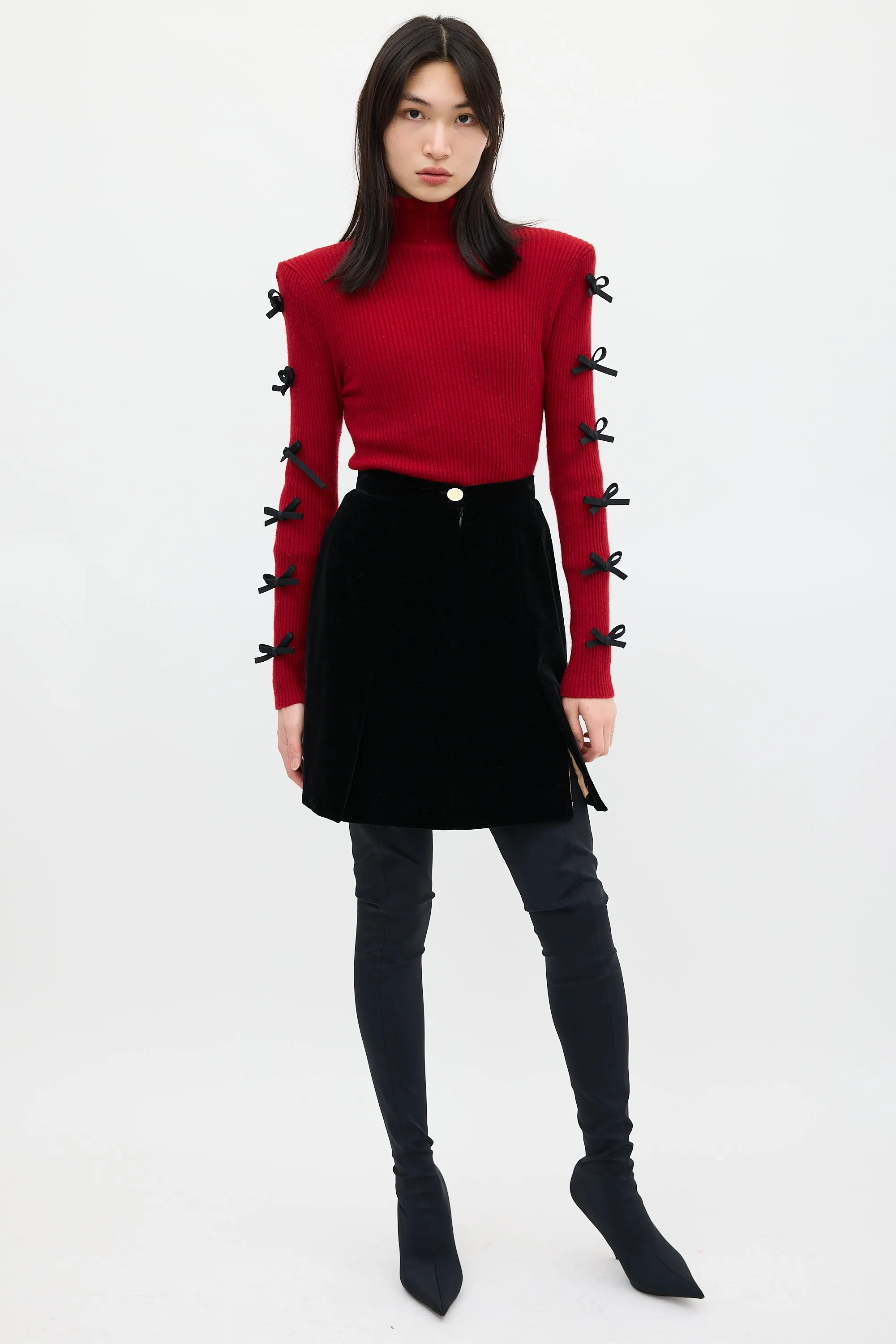 Red & Black Wool Bow Knit Sweater