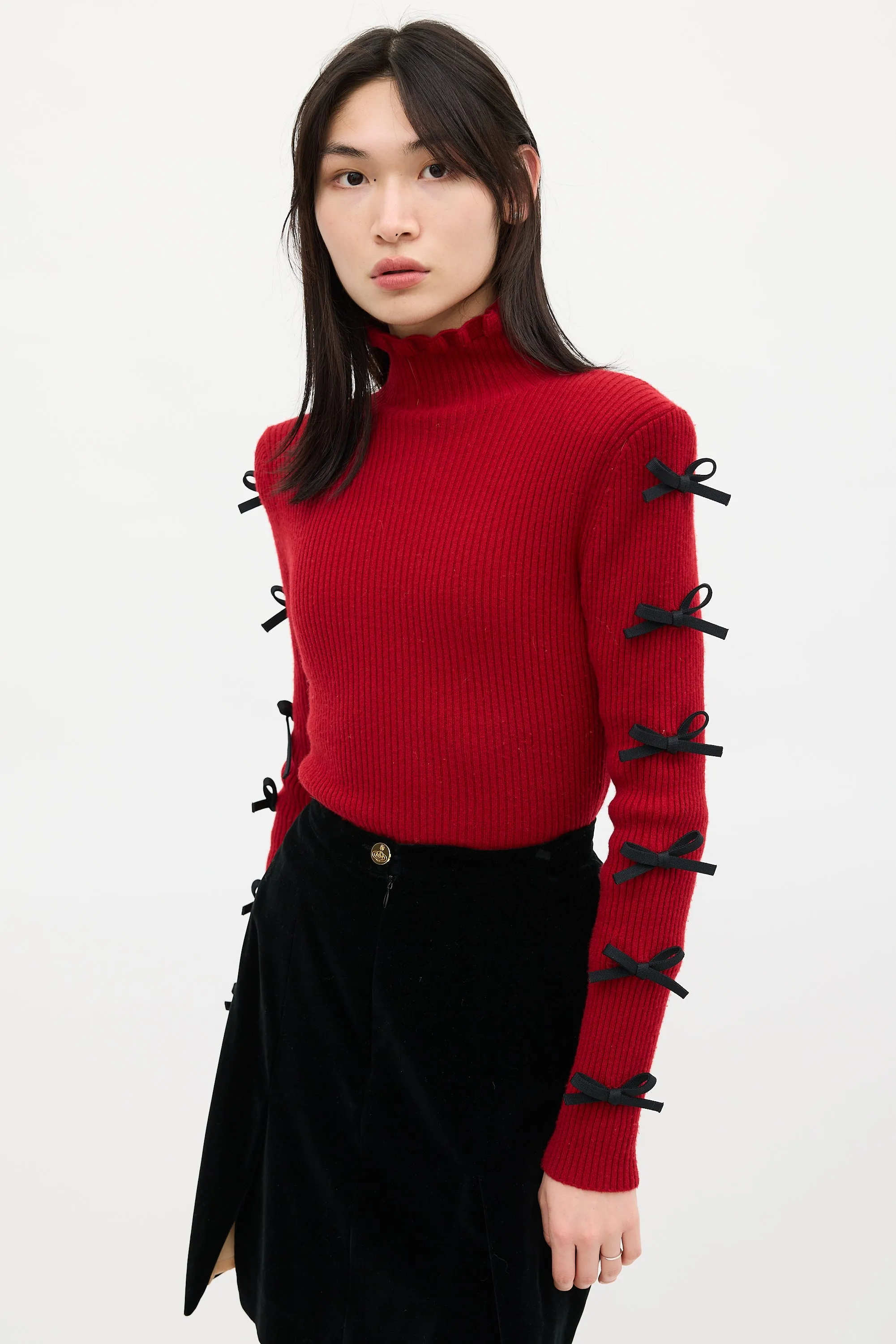 Red & Black Wool Bow Knit Sweater