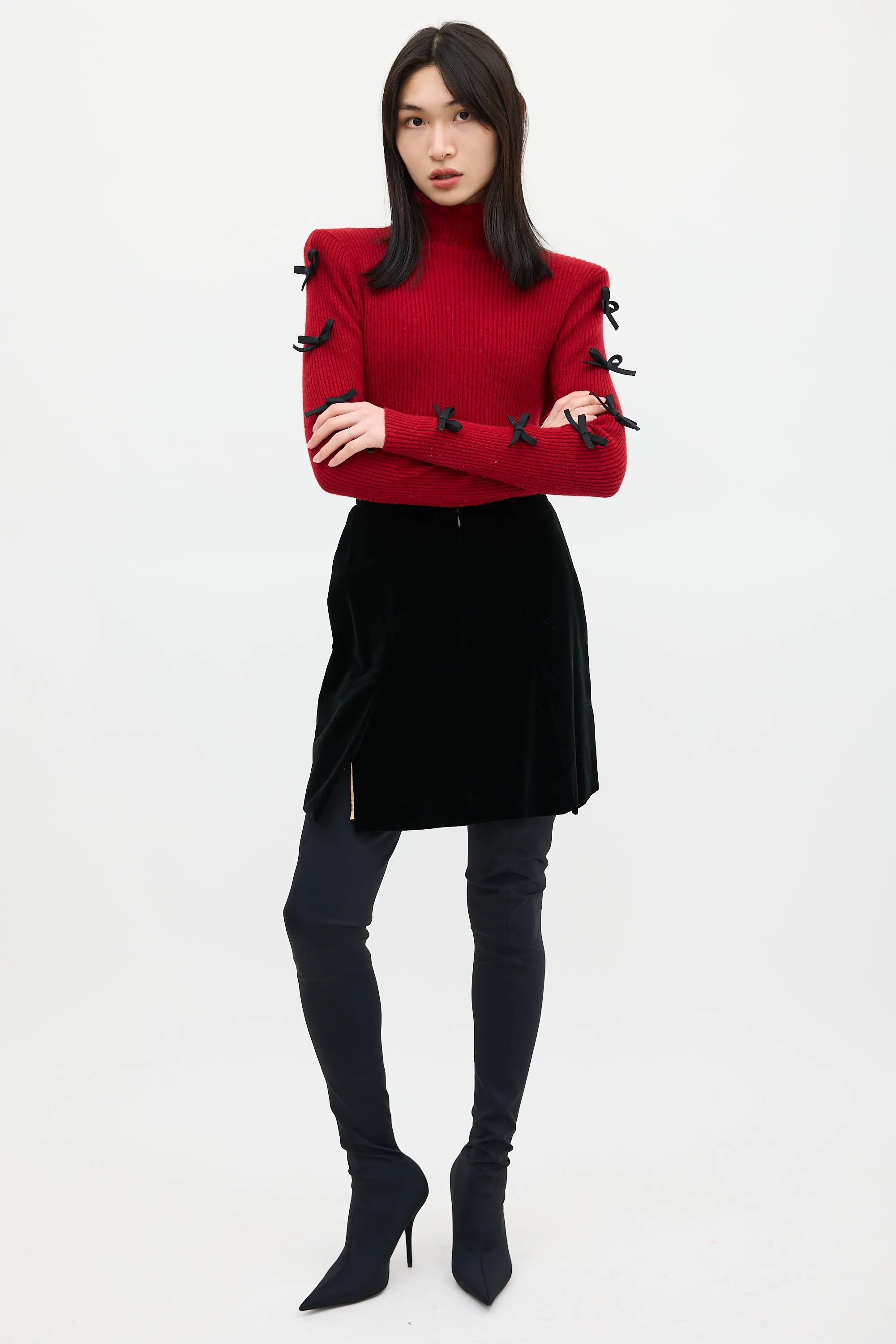 Red & Black Wool Bow Knit Sweater