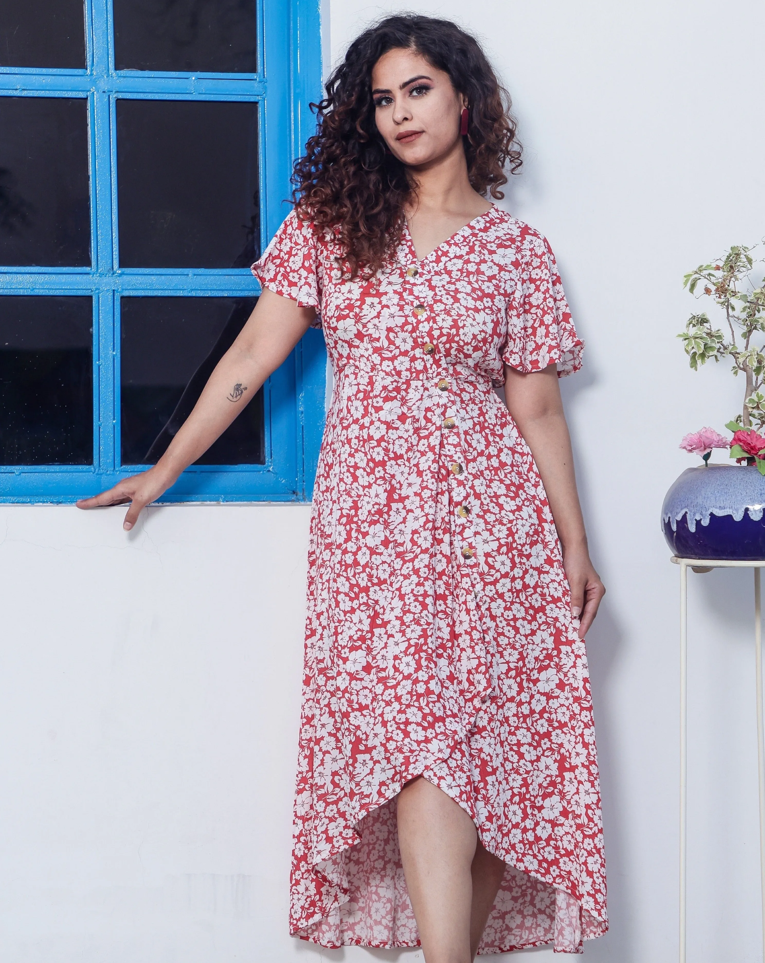 Red Floral Midi Dress