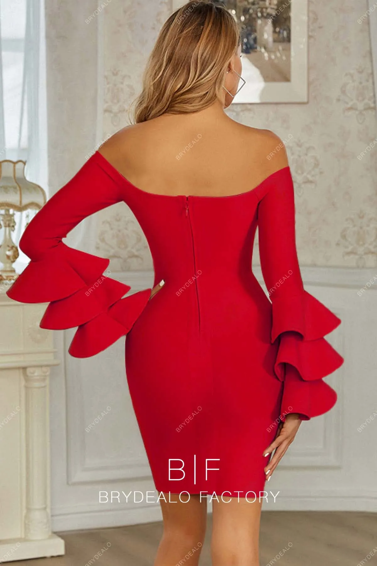 Red Off Shoulder Layered Sleeves Bodycon Cocktail Homecoming Dress