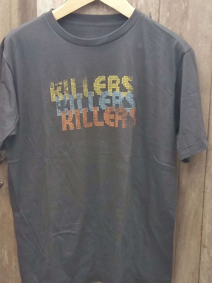 Retro Pixel Art Killers T-Shirt: Distressed Crewneck with Bold Typography in Yellow, Blue, and Red, 30-Day Return Guarantee