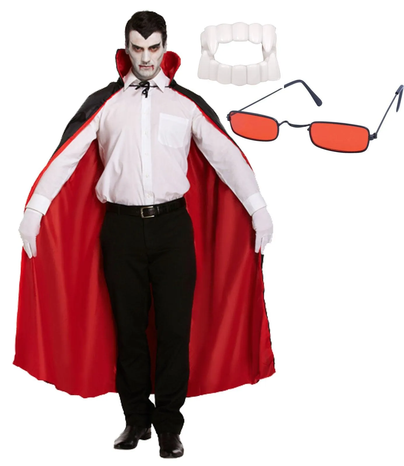 Reversible Cape Dracula Glasses White Fanged Teeth Halloween Scary Dracula Fancy Dress Costume Set